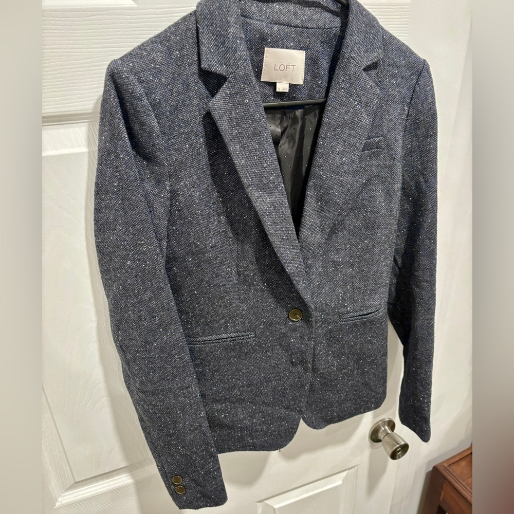 One Button Wool Blazer, Blue/Gray - image 2